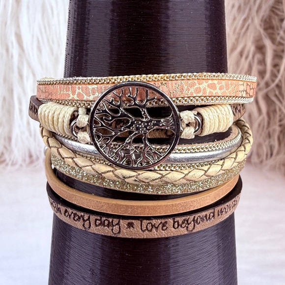 Earthtone multiband, faux leather tree of life, magnetic closure bracelet - Picture 1 of 5